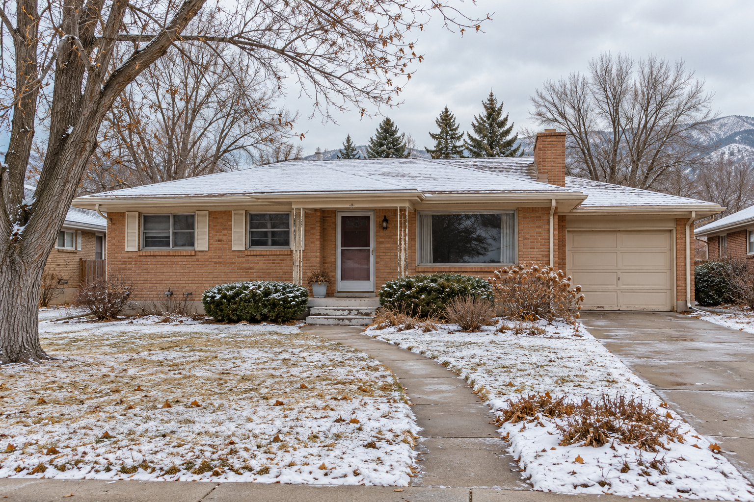 Illustration of an older Colorado brick ranch with a light covering of snow